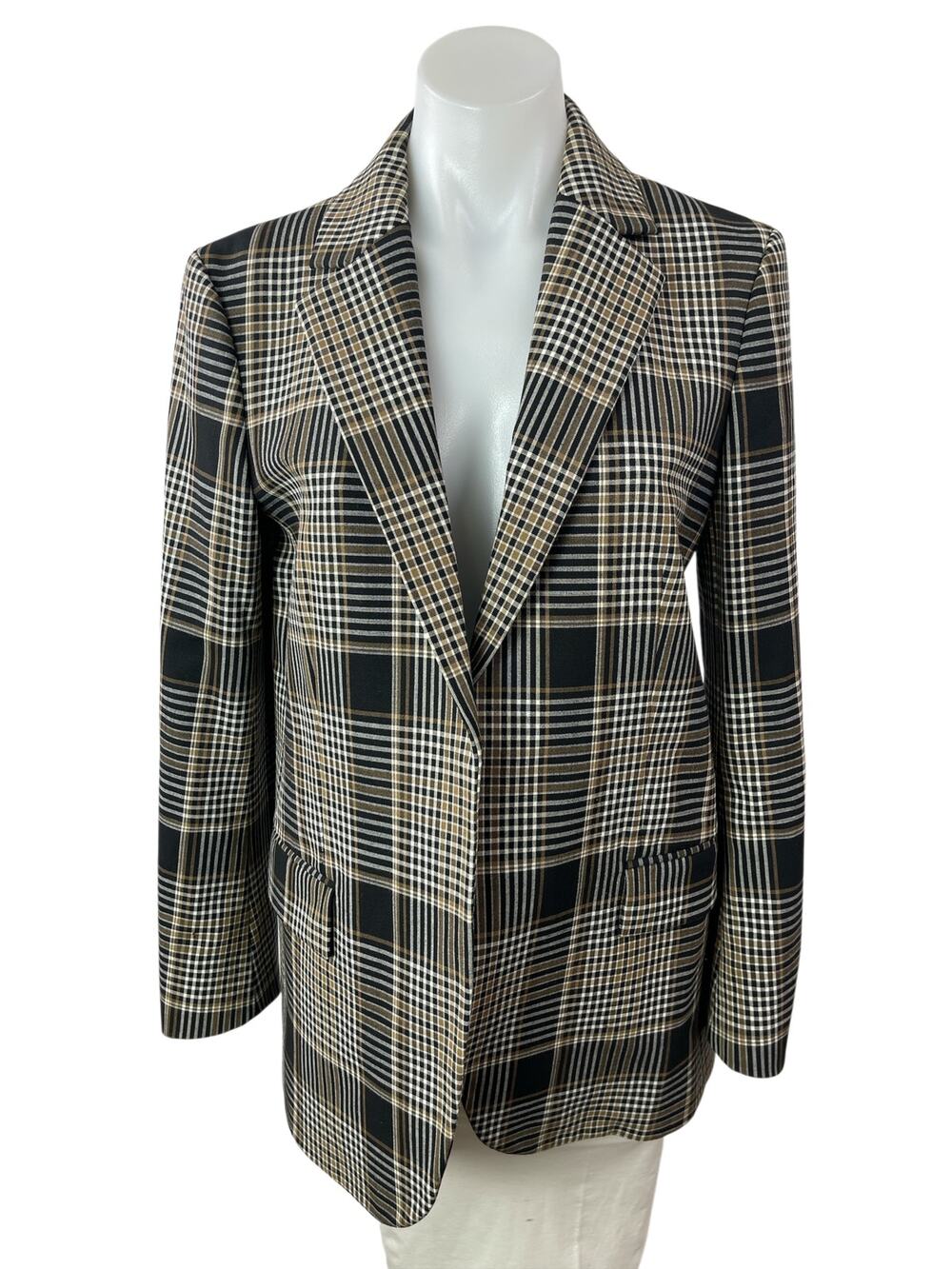 Theory Gray Wool Plaid Check Notched Collar Long Sleeve Blazer Coat Jacket Sz 0